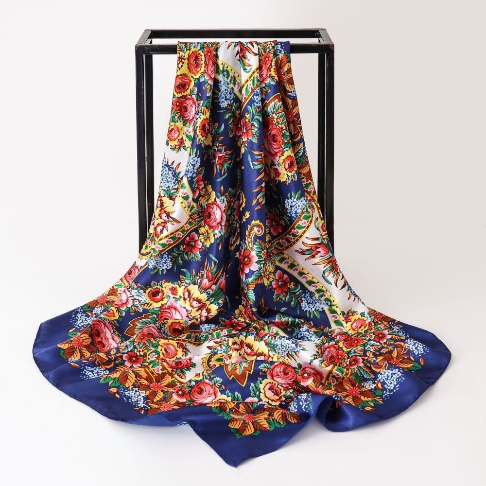 Silk Neck Scarf - 90x90cm Silk Imitation Scarves Floral Print